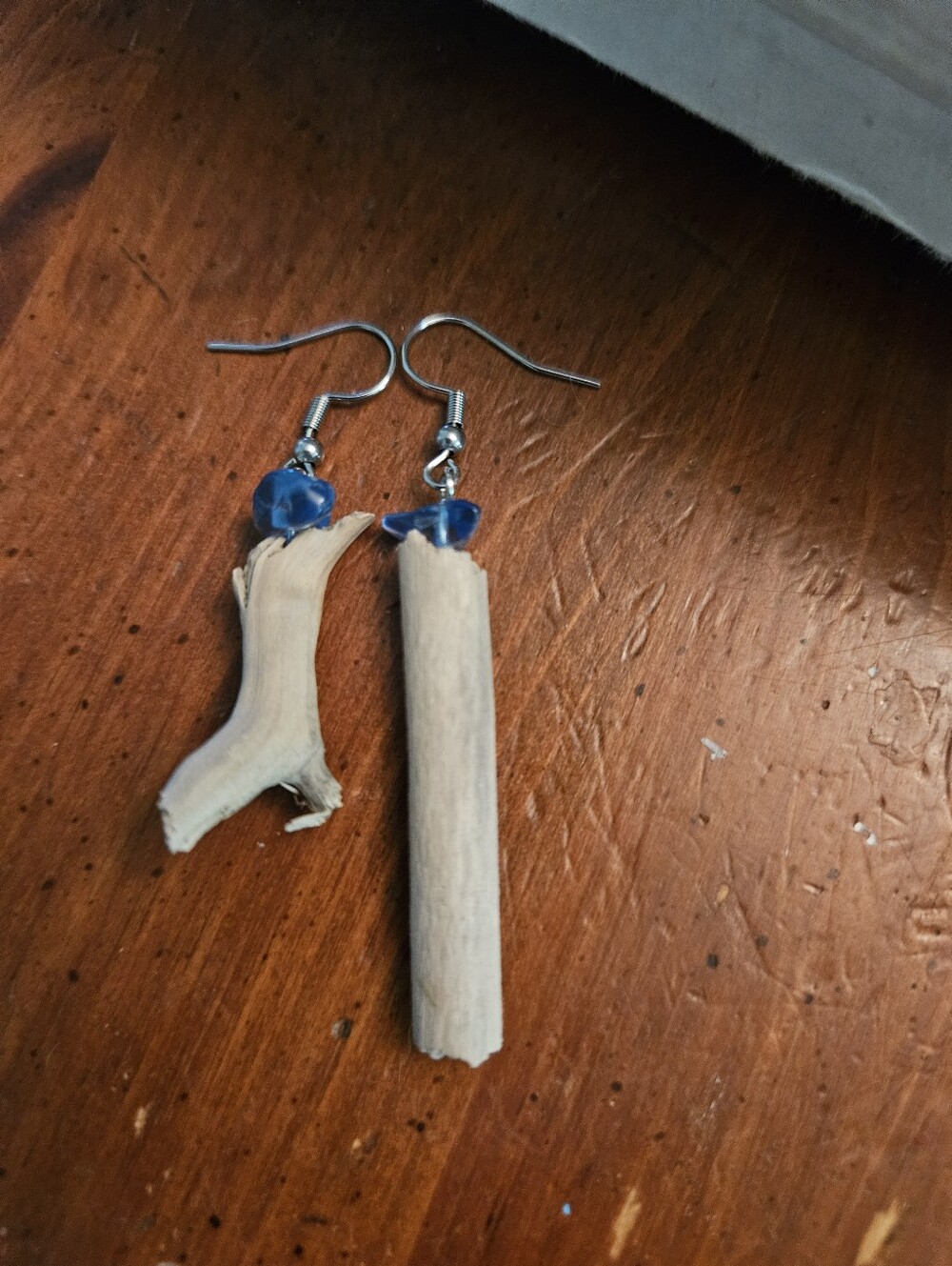 Ooak Handmade Driftwood Dangle Earrings with Blue Accent